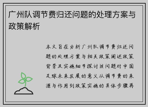 广州队调节费归还问题的处理方案与政策解析